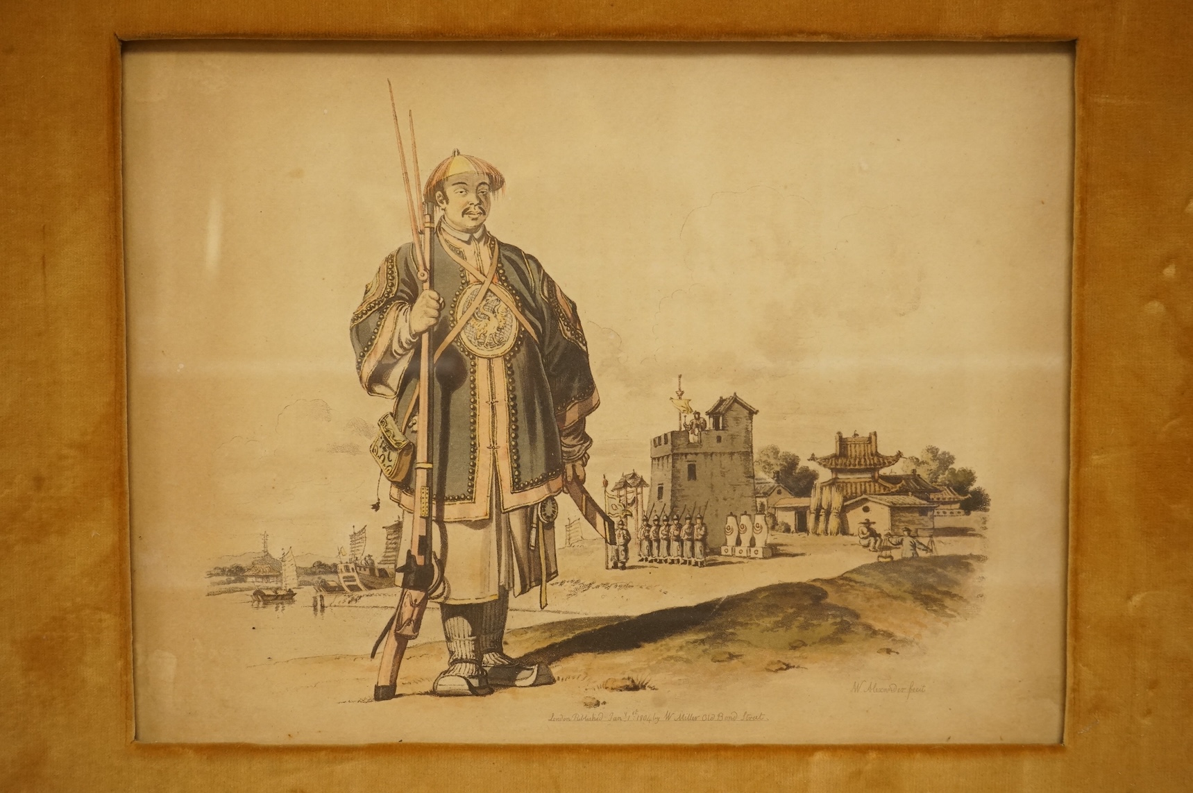After William Alexander (1767-1816), 'A soldier of Chu-San armed with a matchlock gun', published London January 1st 1804 by W Miller, together with two Chinese School watercolours, Studies of birds, each signed with red